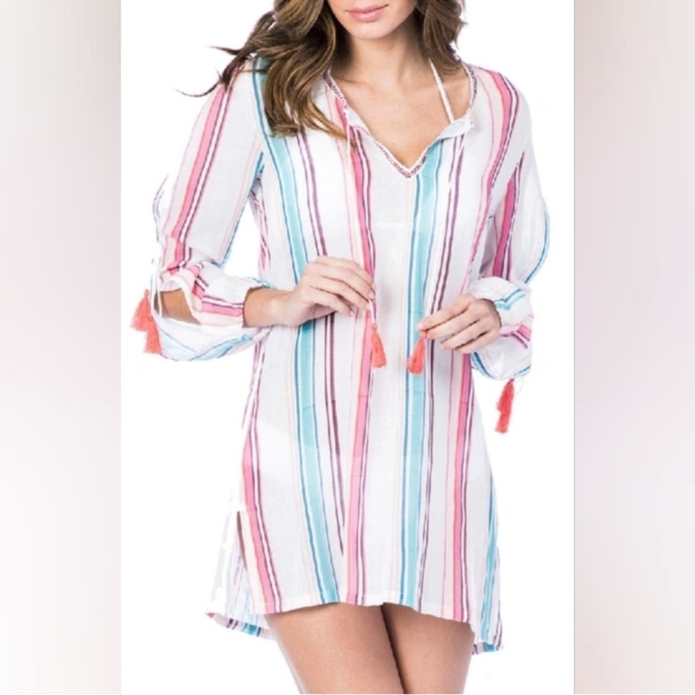 LA BLANCA Paradise Passport Tassel Striped Coverup Tunic In White Multi. Size L